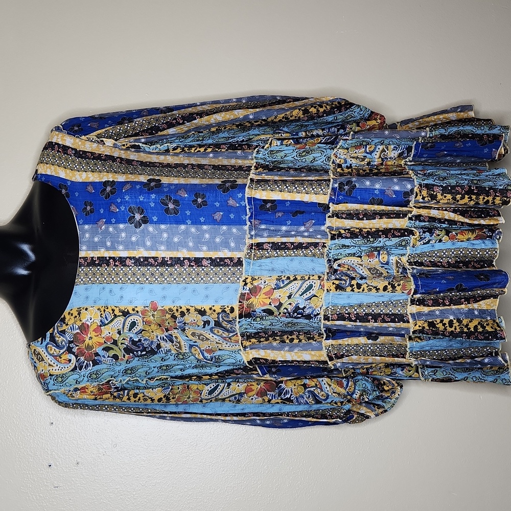 Blue Paisley Striped Tiered Tunic Top